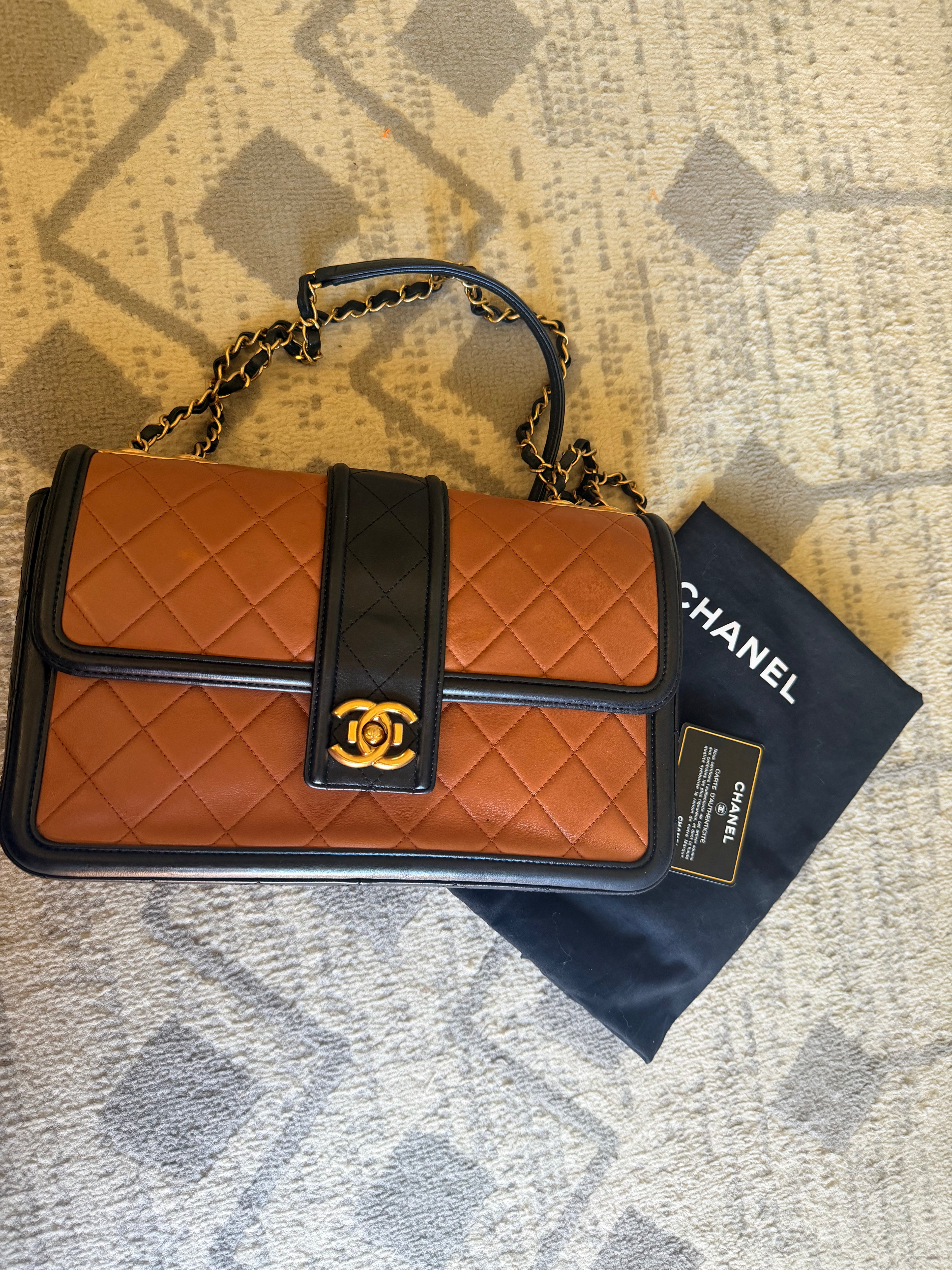 CHANEL Elegant CC Medium Flap Bag in Caramel Black Lambskin