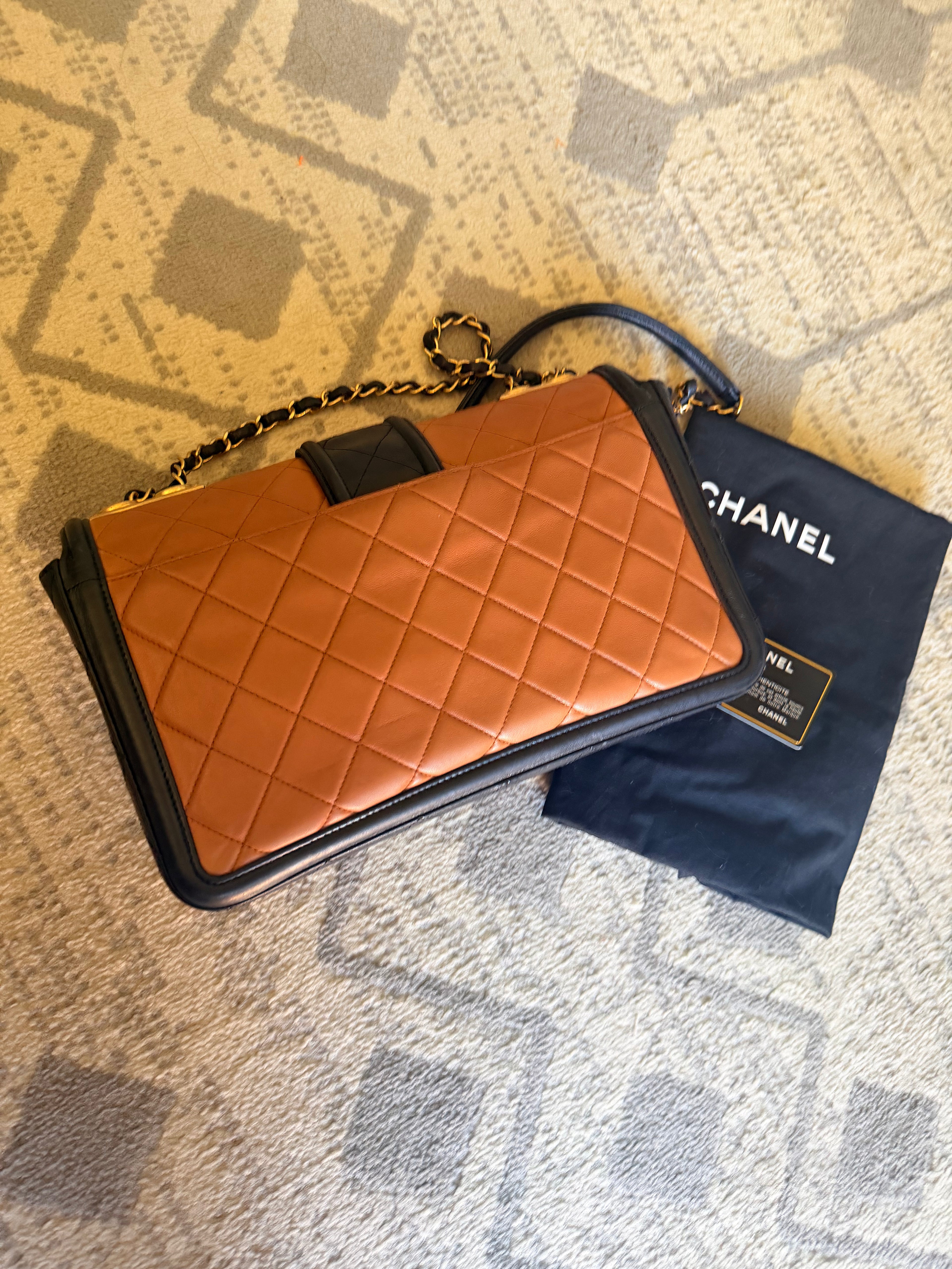 CHANEL Elegant CC Medium Flap Bag in Caramel Black Lambskin