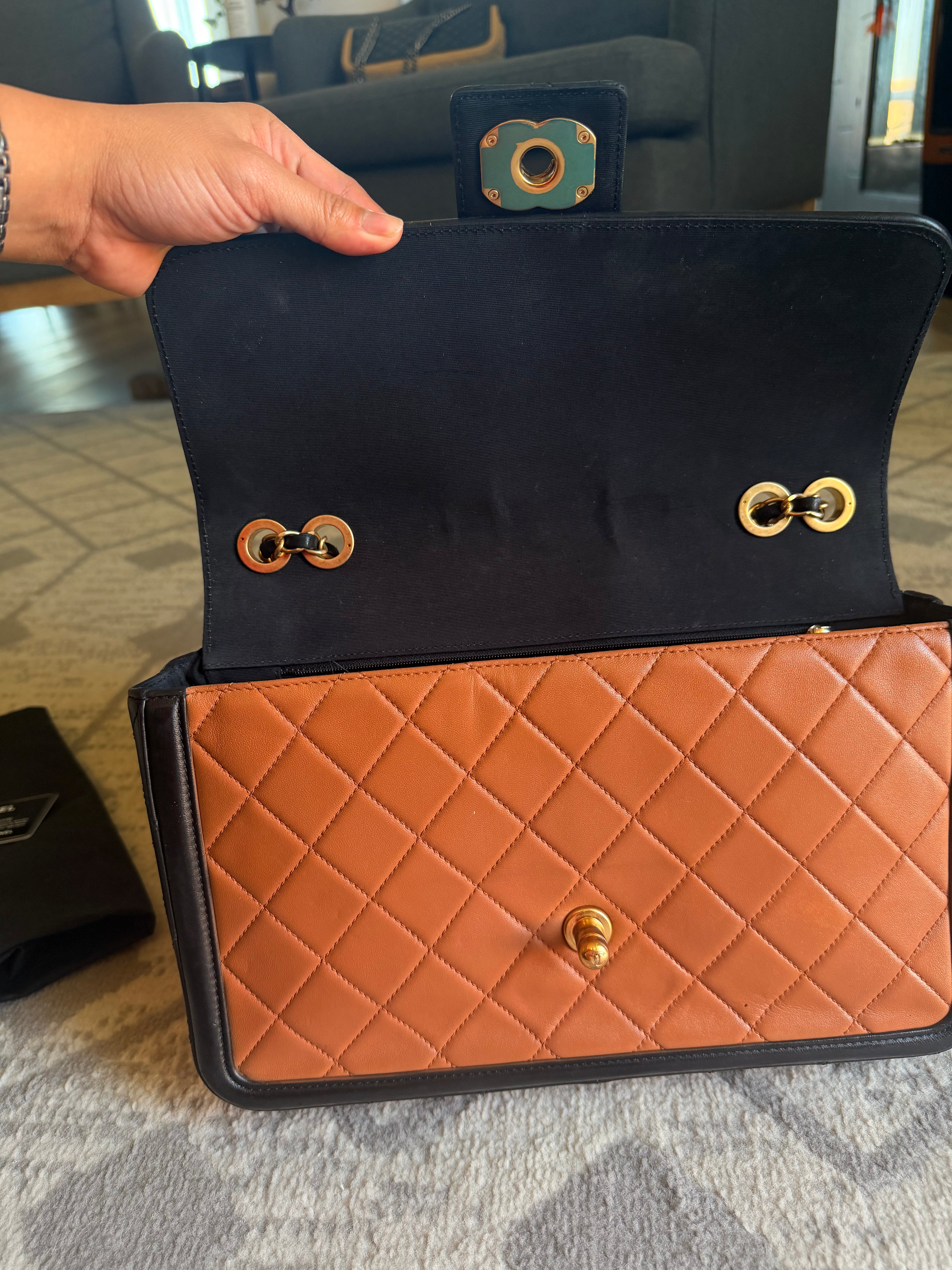 CHANEL Elegant CC Medium Flap Bag in Caramel Black Lambskin