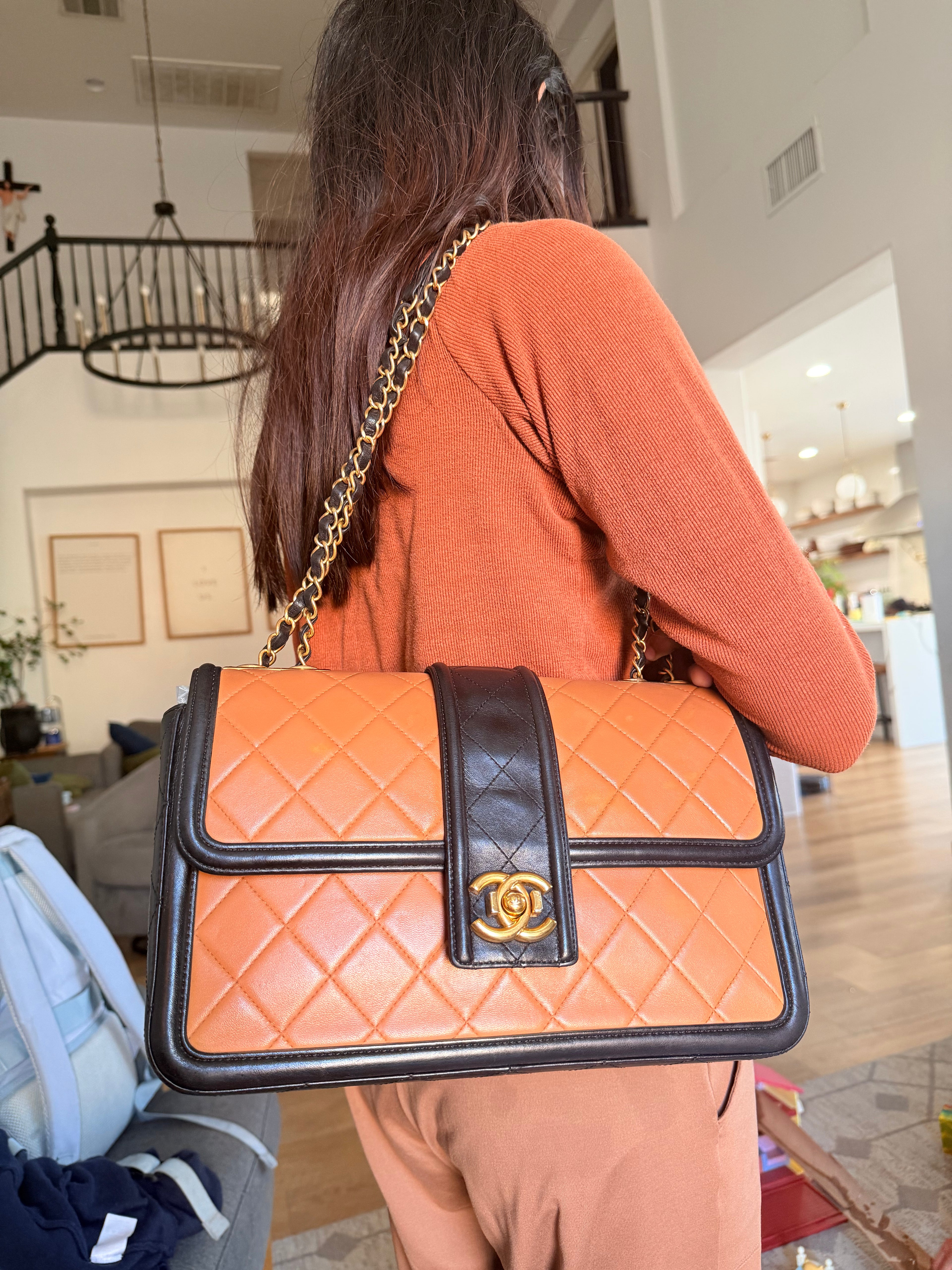 CHANEL Elegant CC Medium Flap Bag in Caramel Black Lambskin
