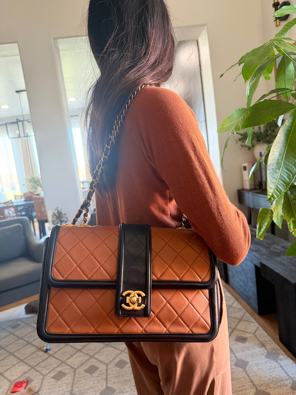 CHANEL Elegant CC Medium Flap Bag in Caramel Black Lambskin