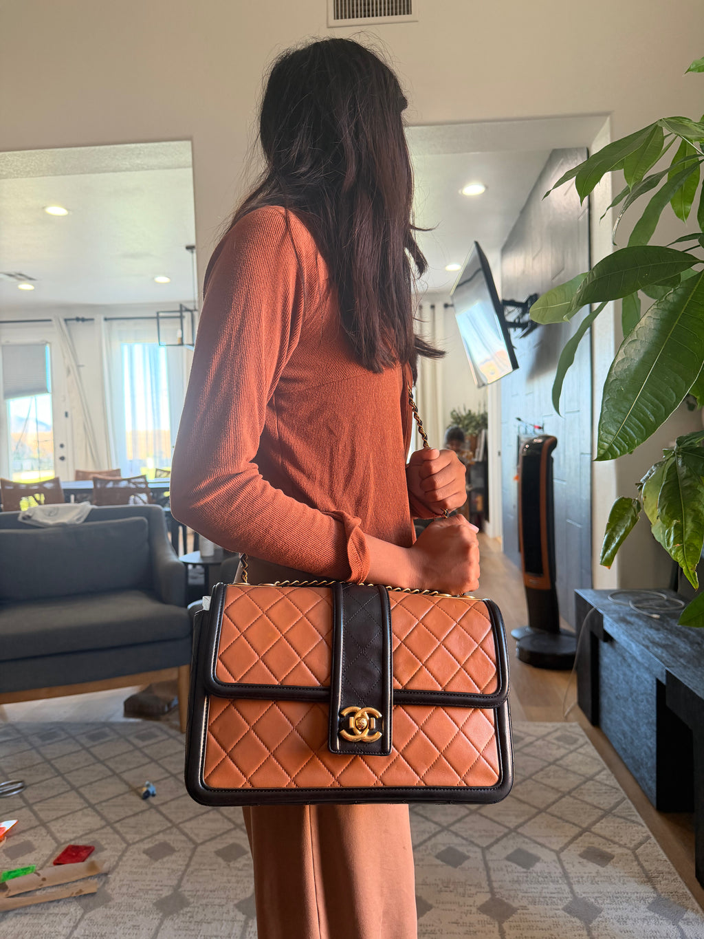 CHANEL Elegant CC Medium Flap Bag in Caramel Black Lambskin