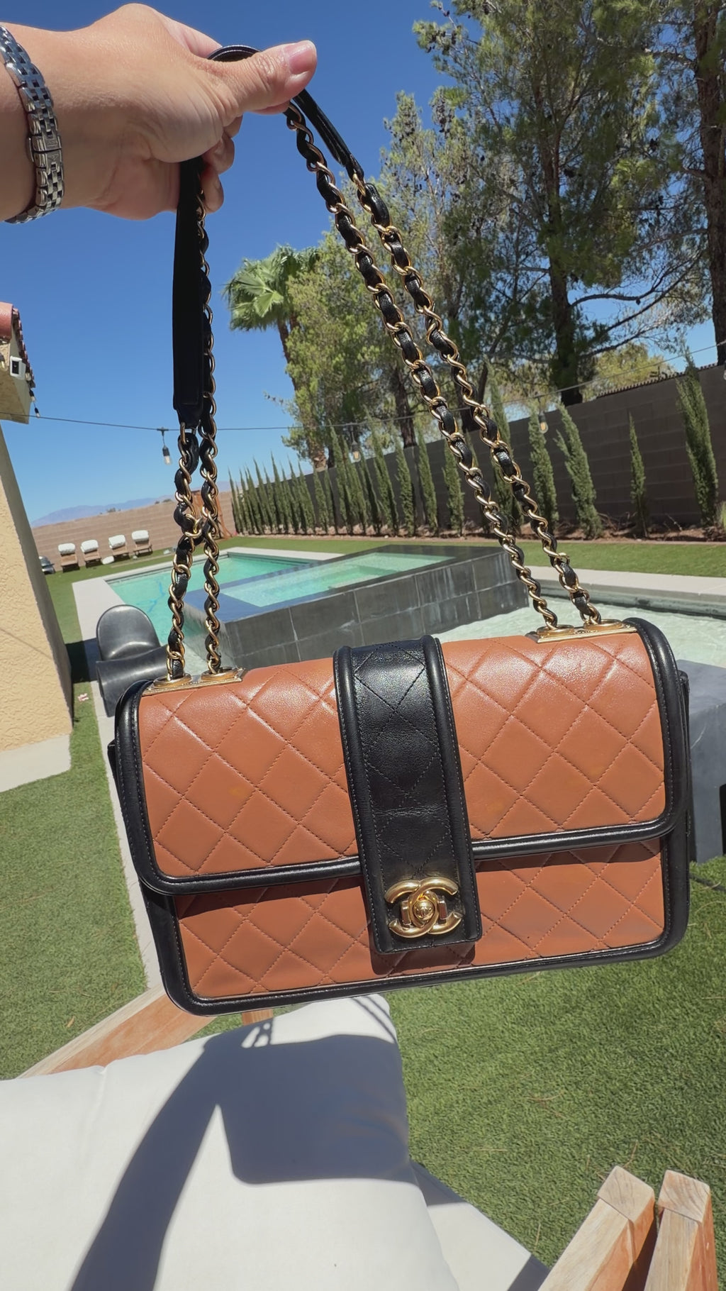 CHANEL Elegant CC Medium Flap Bag in Caramel Black Lambskin