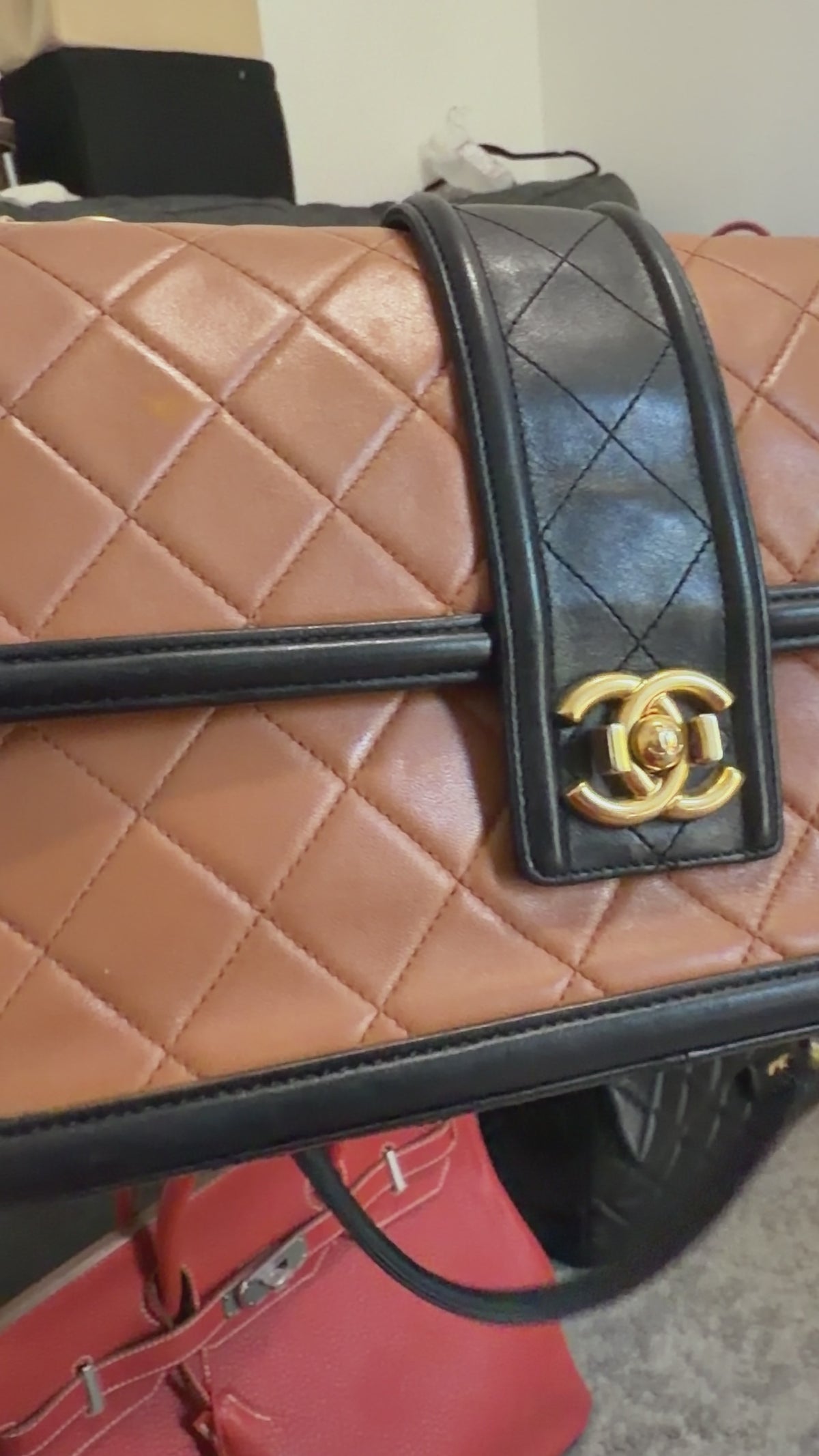 CHANEL Elegant CC Medium Flap Bag in Caramel Black Lambskin